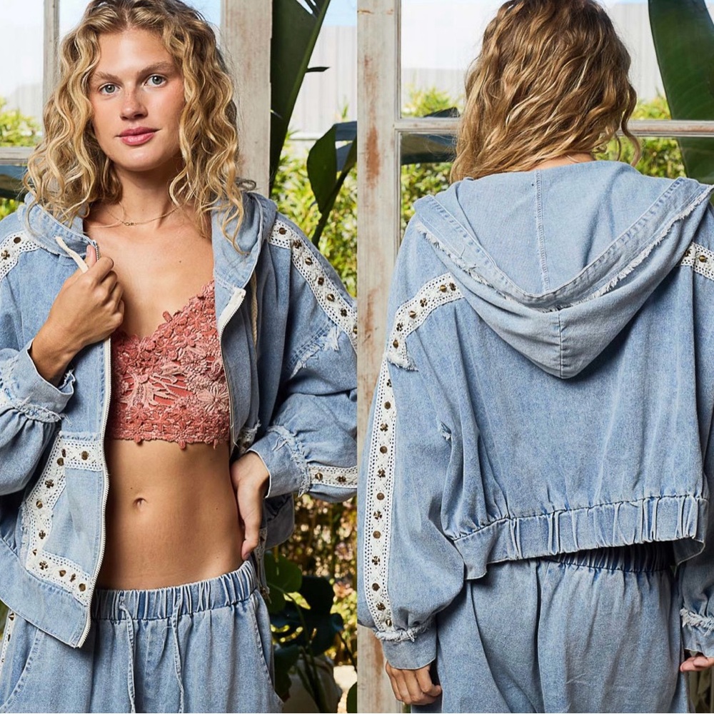 NEW POL Denim Studded Balloon Sleeve Hoodie Shacket